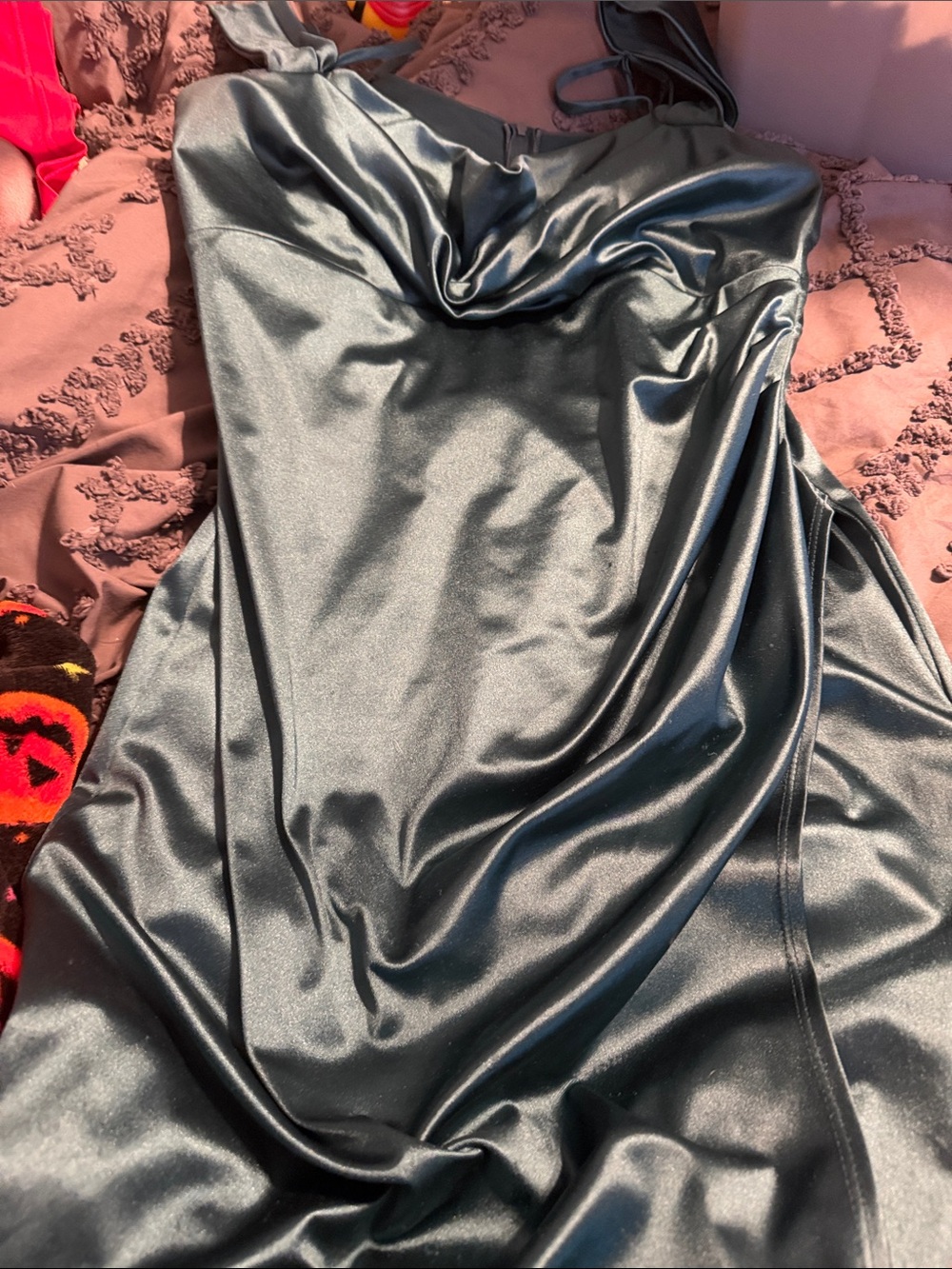 Satin Cowl Neck Slip Dress - Teal